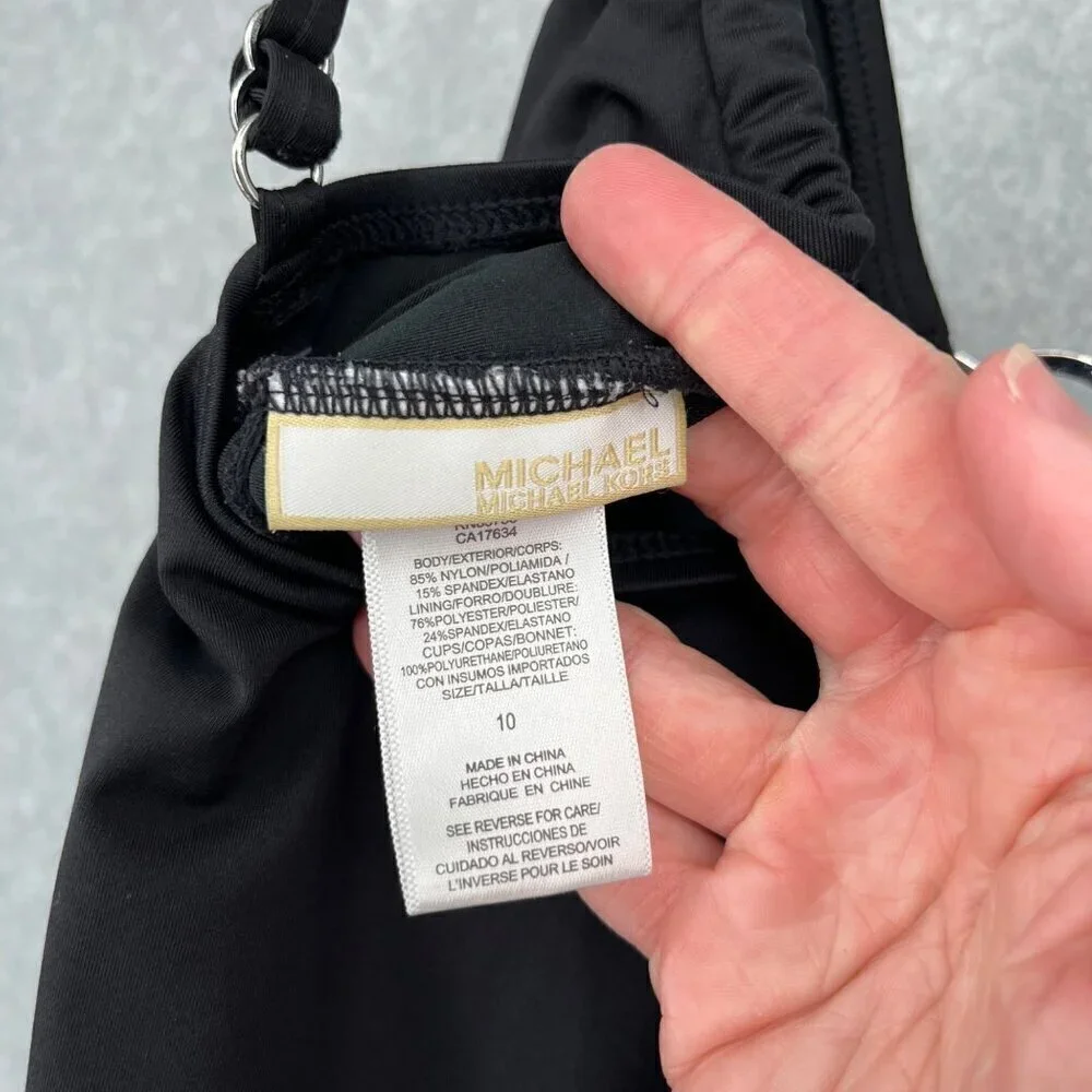 Michael Kors One Piece Swimsuit Size 10 Black Ruched Sides Adjustable Leg Logo